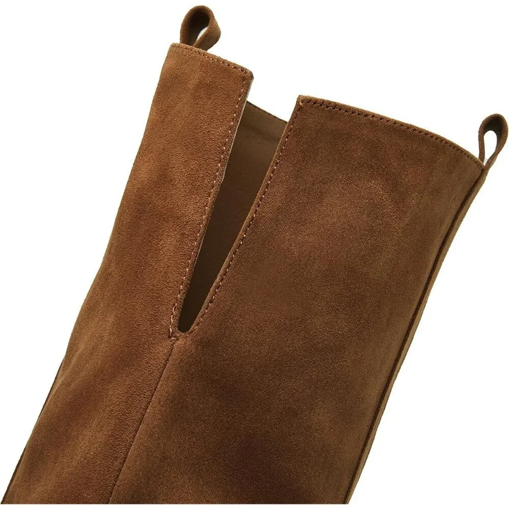 Womens Brown Faux Suede Knee High Side Zipper Chunky Heel Stretch Winter Boots